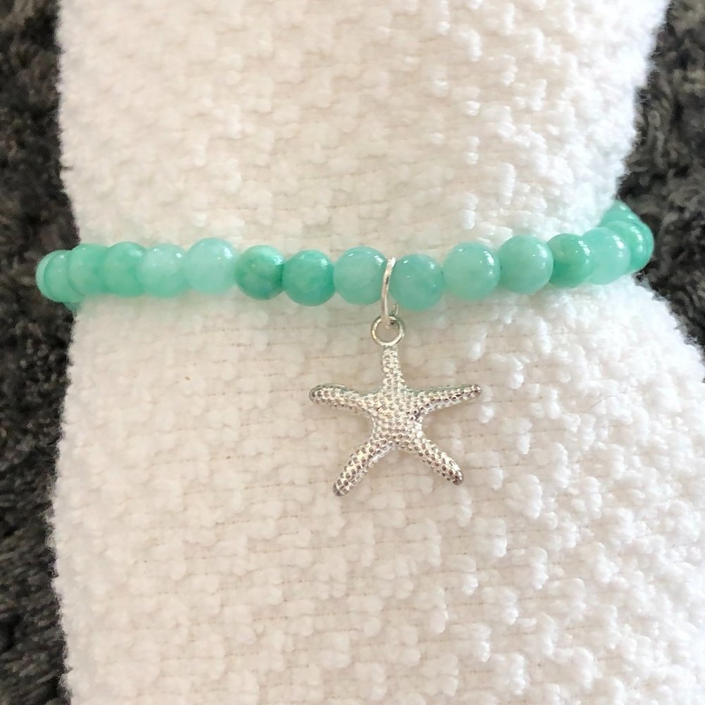 NEW! Gorgeous Beaded Bracelet Aqua Quartzite & Silver Plated Starfish Charm